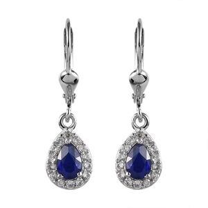 Natural Blue Spinel & White Zircon Halo Dangle Earrings In 925 Sterling Silver